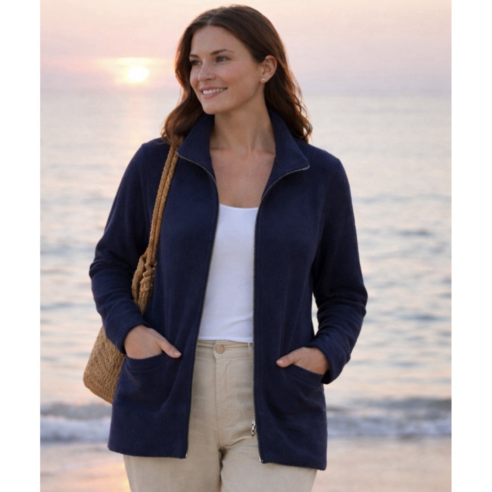 Saint James Full Zip Luxury Cardigan Womens Sz 12 Wool Navy Cozy Spring Layer